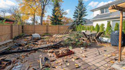 A yard after a storm with destroyed trees and furniture against a backdrop of autumn deciduous trees.