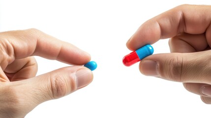 Fototapeta premium Hands holding a blue pill and a red and blue capsule on a white background