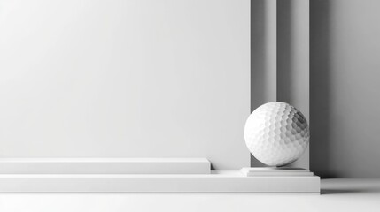 White golf ball on a minimalist podium with geometric shadows in a monochromatic setting