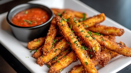 A plate of crispy zucchini fries served with marinara dipping sauce 