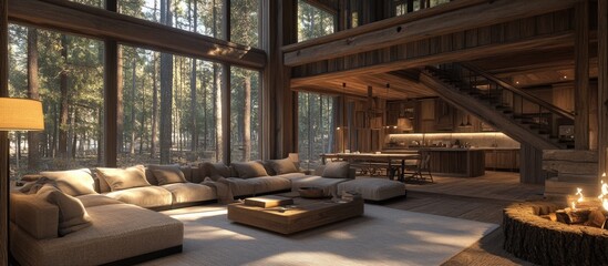 Fototapeta premium A modern cabin living room with large windows overlooking a forest. The room is decorated with a large sectional couch, a wooden coffee table, and a fireplace.