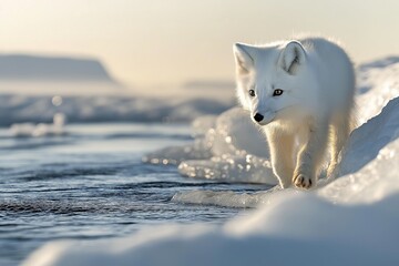 Fototapeta premium A young Arctic fox walks cautiously along the icy shoreline, exploring its frigid habitat during the peaceful light of dawn