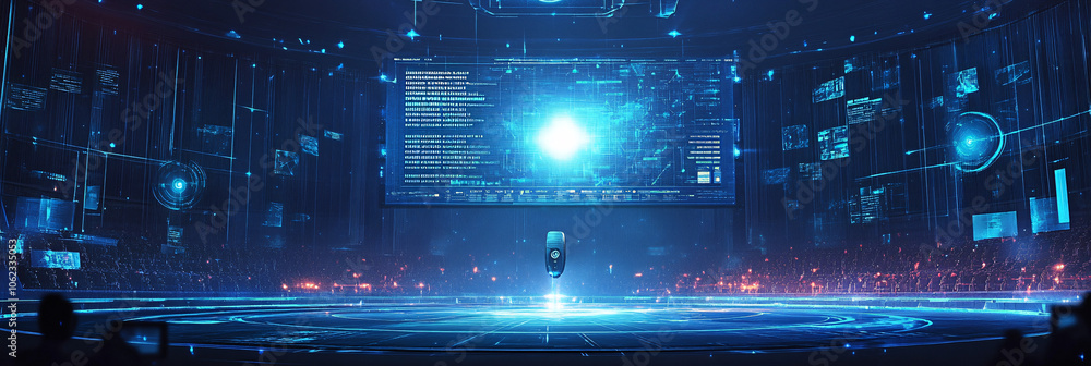 Poster glowing speaker hovering in the center of a massive auditorium, addressing an audience surrounded by
