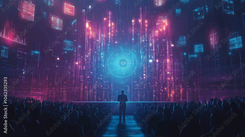 Poster glowing speaker hovering in the center of a massive auditorium, addressing an audience surrounded by