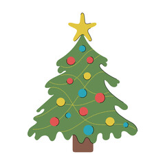 Beautiful hand drawn vector Christmas tree decorated with lights, garlands and colorful toys with yellow star on top isolated on white background. Hand drawn vector flat colored illustration.