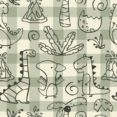 Gingham Dino vector seamless pattern with hand drawn dinosaurs and tropical plants and palm trees. Contours on a green khaki background. Ideal for baby textiles, clothing and decor.
