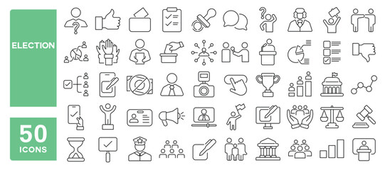 Set of 50 line icons related to election, ballot, box, poll, debates, news, survey, voter, Editable stroke. Vector illustration