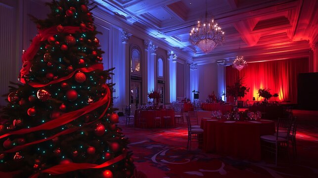 Corporate holiday party with a decorated tree and elegant decorations