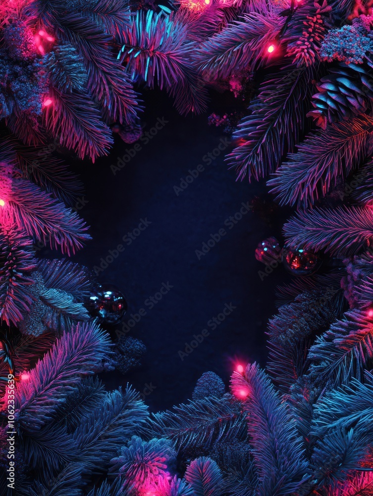 Poster christmas layout with christmas tree branches, christmas decorations in vibrant neon glow. copy spac