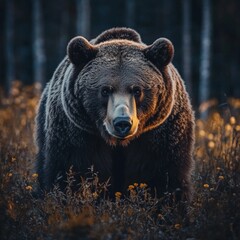 Fototapeta premium Serene wild forest landscape in autumn with golden leaves and mist covering mountains