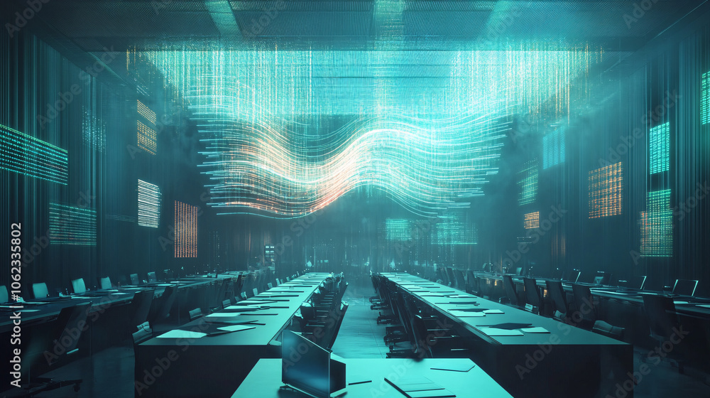 Poster holographic waves of data moving across a large conference room, with rows of floating notepads in t