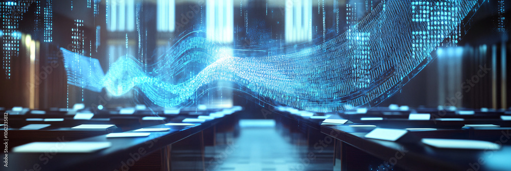 Poster holographic waves of data moving across a large conference room, with rows of floating notepads in t