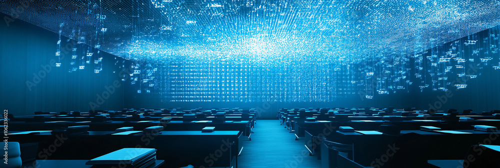 Poster holographic waves of data moving across a large conference room, with rows of floating notepads in t