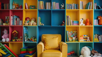 colorful bookshelf filled with children books, soft toys, and a small reading chair, creating a fun, inviting space for kids