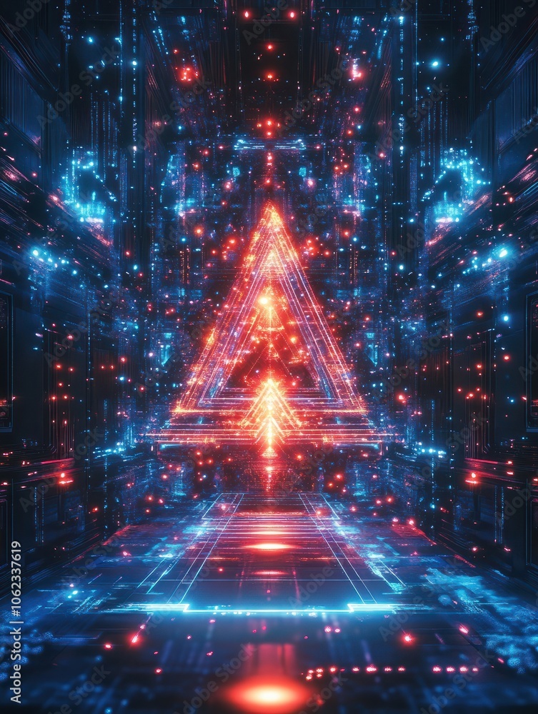 Poster glowing christmas tree light effect for christmas gritting card.. digital tree for abstract card for