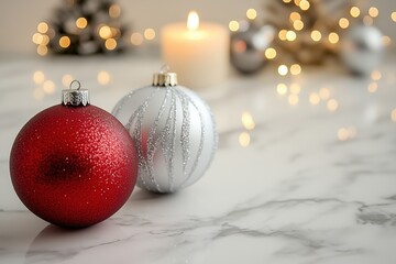 White marble table with Christmas baubles and candlelight