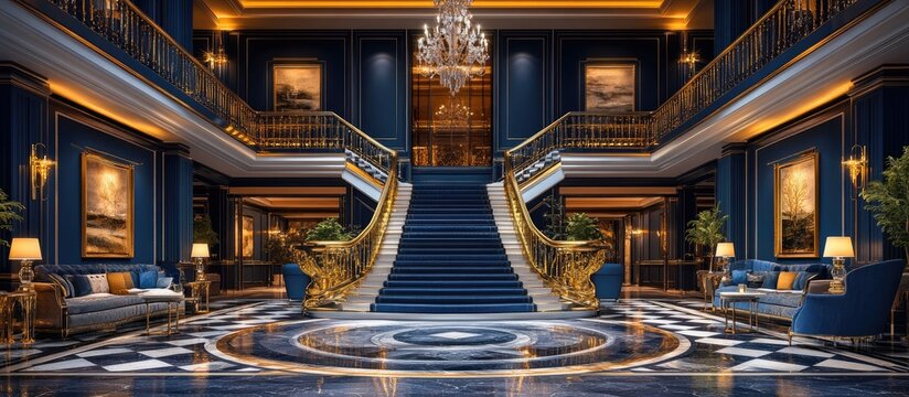 Grand and luxurious foyer with blue walls, a gold and blue staircase and a grand chandelier.