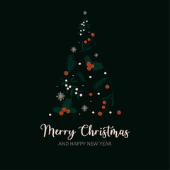 Berries, holly and pine twigs in a form of Christmas tree. New Year doodle symbols and lettering. Hand drawn items for cards