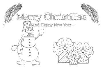 Festive coloring page with a cheerful snowman, holiday gifts, and Merry Christmas text. Perfect for kids and holiday craft activities.