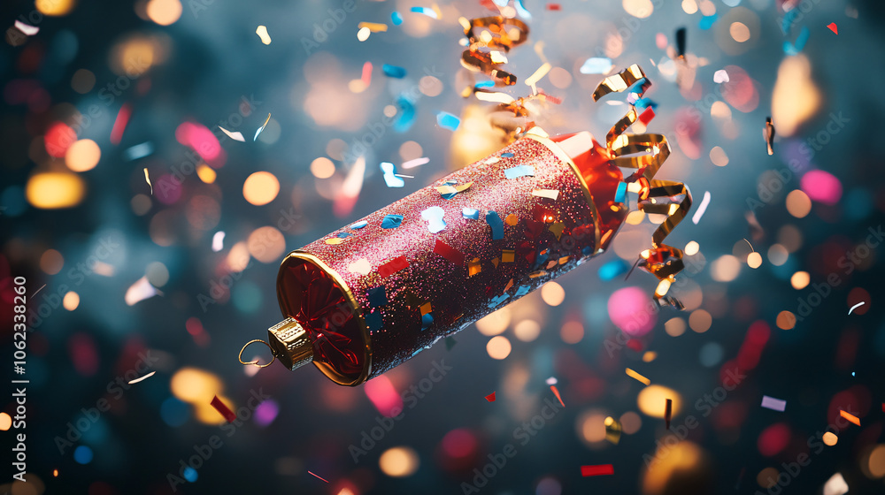 Poster oversized christmas cracker floating in the air, with confetti and streamers exploding like firework