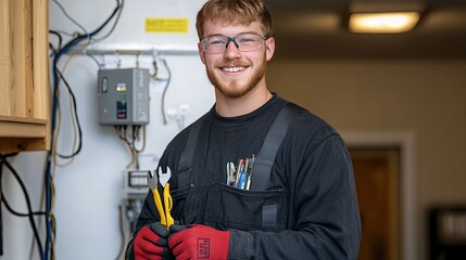 An electrician skillfully handles wires and copper cables while working on a residential project, showcasing his expertise