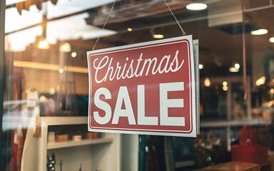 Christmas sale sign in a store window promoting holiday discounts