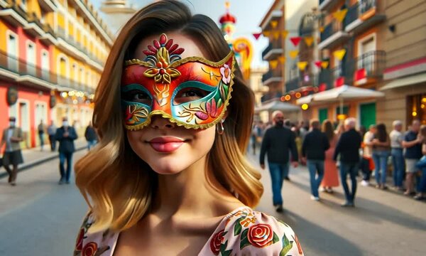 Las Fallas festival young beautiful girl wearing colorful mask smiling on crowded city street