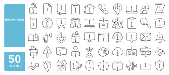 Set of 50 line icons related to information, notice, help, inform, support, about, alert, details, Editable stroke. Vector illustration