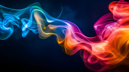 Obraz premium A mesmerizing abstract of colorful, flowing smoke-like waves in shades of blue, yellow, and pink on a dark background, exuding energy and fluidity.