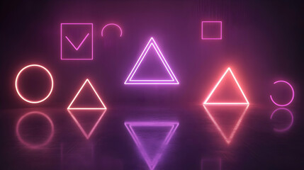 Fototapeta premium Neon glowing geometric shapes, including triangles and circles, set against a dark background, creating a futuristic digital art aesthetic.