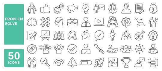 Set of 50 line icons related to problem solve, solution, answer, issue, suggestion, result, experiment, key, idea, Editable stroke. Vector illustration
