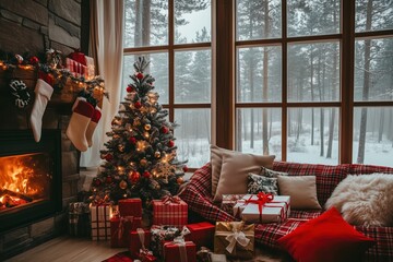 Obraz premium Cozy Christmas cabin scene with tree and snow-covered view