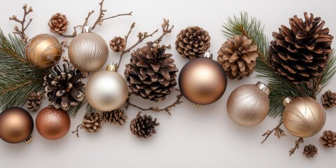Christmas background with decorations along the edges. Christmas tree branches, gold glitter balls, stars, and garland. Flat lay, top view on a dark background with copy space.