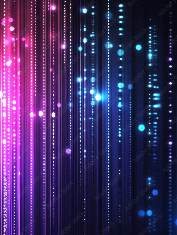 Poster purple and blue gradient lights arranged in vertical lines with glowing dots, creating an abstract f