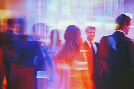 Business people networking at corporate event with motion blur effect
