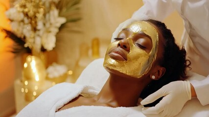 A black woman enjoys a calming gold facial treatment, surrounded by soothing spa decor and a relaxing atmosphere designed for wellness