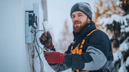 An electrician skillfully handles wires and copper cables while working on a residential project, showcasing his expertise