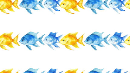 Seamless watercolor illustration of fish in yellow white and blue tones ideal for textile and wallpaper design