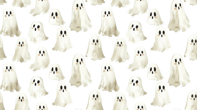 Whimsical seamless pattern featuring adorable watercolor ghost illustrations in a Halloween theme perfect for festive decorations holiday invitations party supplies