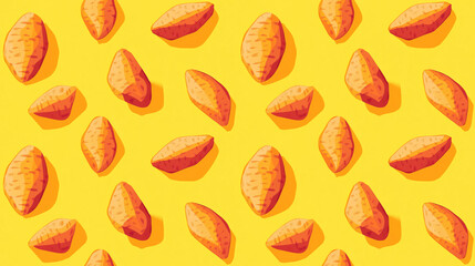 Seamless pattern featuring a vibrant hot sweet potato icon at the center against a bright yellow background ideal for textile design kitchen decor