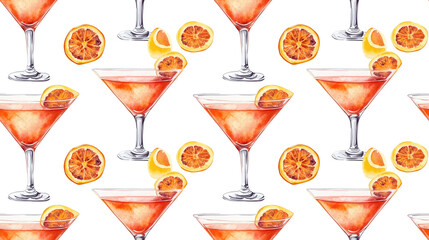 Watercolor illustration of a seamless pattern featuring passion martini cocktails perfect for bar themed designs beverage menus party decor