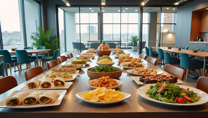 Team Lunch Buffet with Various Dishes in Modern Office
