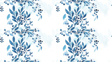 Seamless blue watercolor pattern featuring hand painted photo frames adorned with branches and berries on a crisp white background