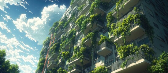 Green vines cover the balconies of a tall apartment building with a blue sky and clouds behind it.