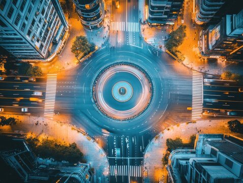 A vibrant aerial view of a city viaduct, showcasing circular traffic patterns at night, illuminated by street lights and surrounded by tall buildings.