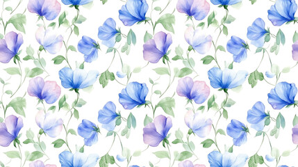 Watercolor floral pattern featuring sweet pea flowers leaves and tendrils elegant design for fashion prints and fabric applications