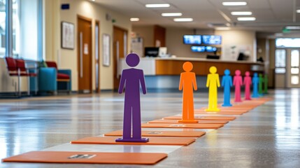 Obraz premium Vibrant Social Distancing Markers Leading to Hospital Reception: Clear, Colorful Guidance for Maintaining Safe Distance
