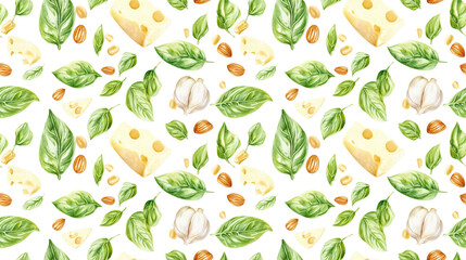 Seamless watercolor pattern of pesto ingredients including garlic basil pine nuts and cheese perfect for culinary design