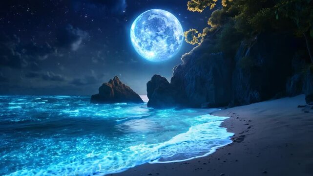 The tranquil beach features bioluminescent waters, a brilliant moon above, and rocky formations under a starry night sky
