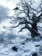 A dragon perches on a twisted, leafless tree surrounded by snow-covered ground and rugged rocks, with dark clouds swirling above in the winter sky.